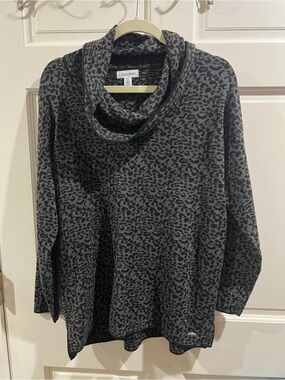 Calvin Klein Black and Gray Leopard Cowl Neck Sweater Size Large